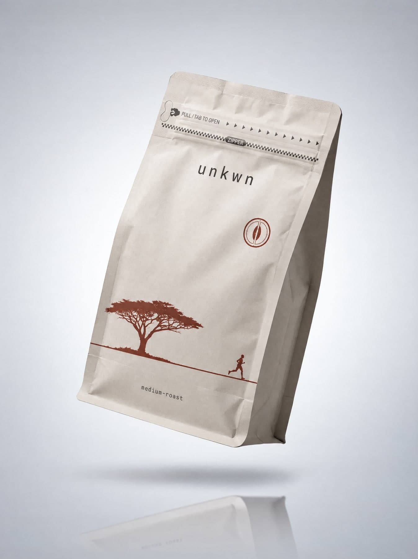 unkwn Lot 003 Kenya, 12 oz bag, acacia tree and runner artwork in rust
