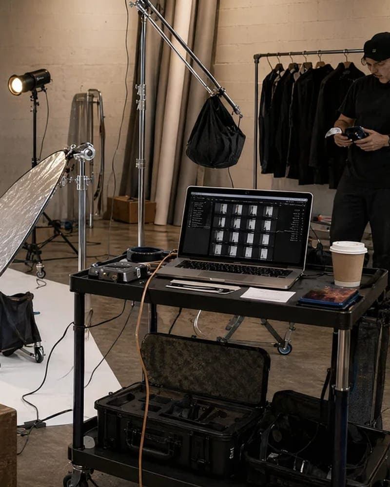 Garment rail and laptop, studio