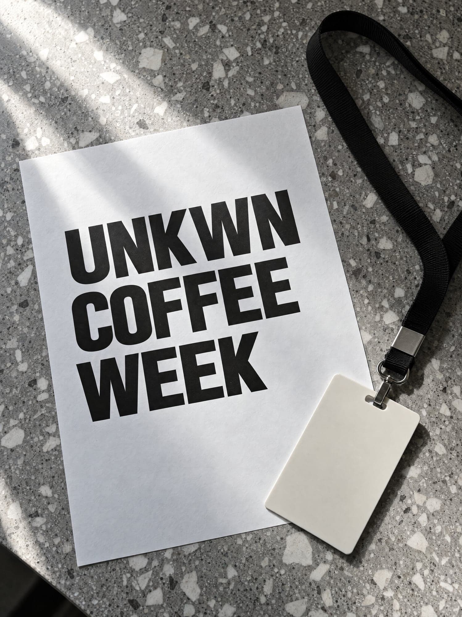 Printed sheet reading UNKWN COFFEE WEEK with a badge and lanyard