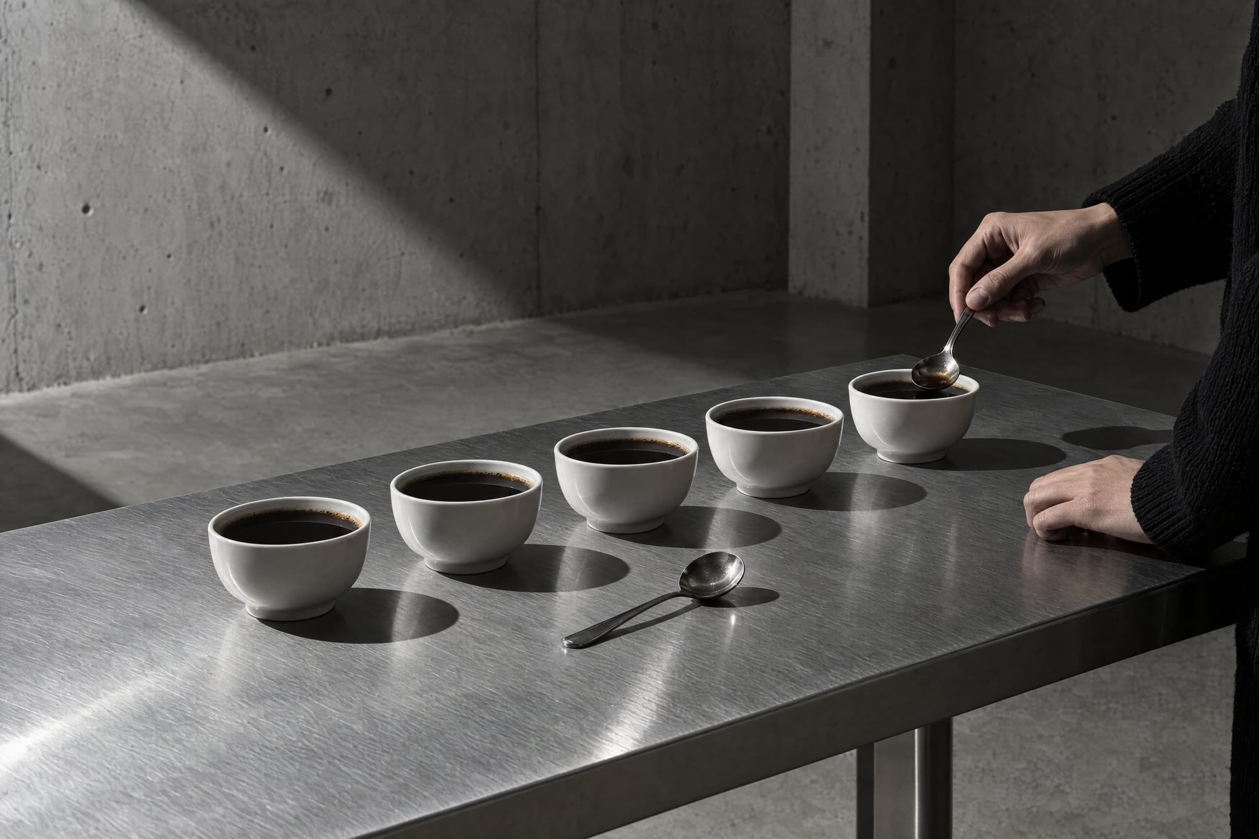 Cupping bowls and spoons on a steel table